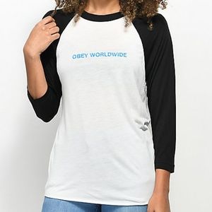 NWT Obey worldwide Baseball raglan top tee shirt small black white
